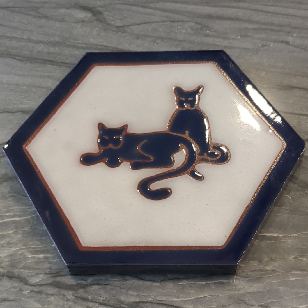 Navy and White Cat Hexagonal Tile